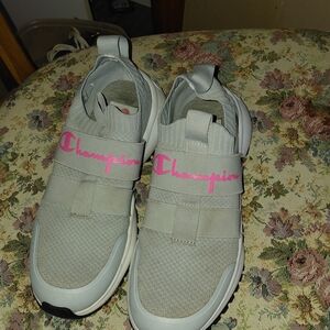 Champion Women’s Light Gray Slip-On Athletic Sneakers with Pink Script